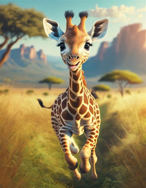 Cute Baby Giraffe Smiling and Running through the Savannah Stock Illustration - Illustration of ...