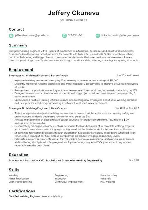 Welding Engineer Resume (CV) Example and Writing Guide