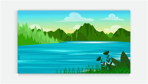 Nature scene with trees , blue sky ,hill, river. A beautiful lake landscape. Flat vector ...