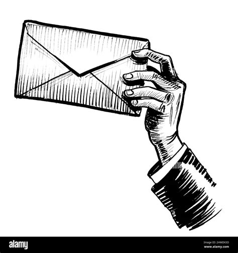 Hand holding letter. Ink black and white drawing Stock Photo - Alamy