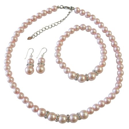 Pink Pearl Jewelry Set Bridal Bridsemaid Faux Pink Pearl Necklace Sterling Silver Earring w ...