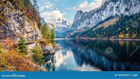 Colorful Autumn Panorama of Vorderer Gosausee Lake with Dachstein ...