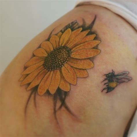 True Love Tattoo — Beautiful sunflower and bee tattoo on hip...