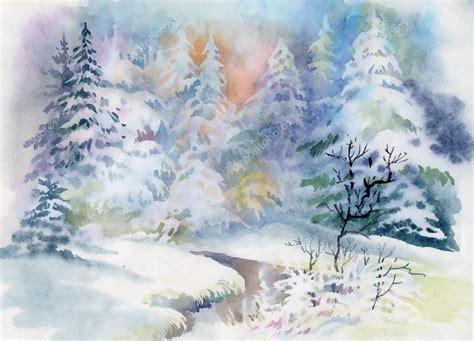 Watercolor winter landscape — Stock Photo © Kostan-PROFF #67448395