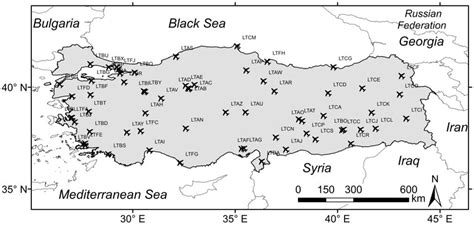 The locations of the investigated airports in Turkey (source: [7 ...