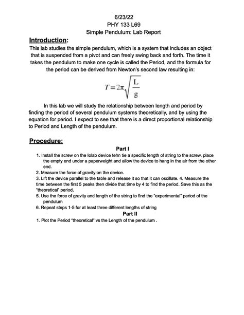 Simple Pendulum Lab Report - PHY 133 - Studocu