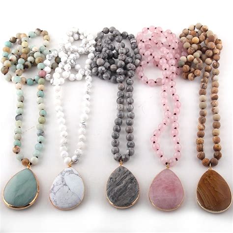 Fashion Bohemian Jewelry Natural Stone Knotted Stone Matching Drop Pendant Necklaces Women ...