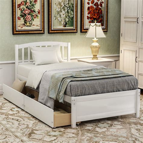 Veryke Solid Wood Twin Size Platform Bed Frame with 2 Storage Drawers and Headboard in White ...