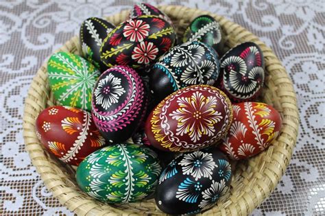 Pisanki (Polish Easter eggs) made in batik technique (with the use of melted wax applied on eggs ...