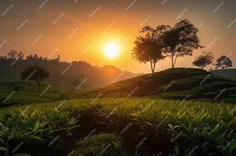 Premium Photo | Tea plantation with sunset and silhouette of palm trees in the background