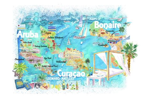 Aruba Bonaire Curacao Illustrated Islands Travel Map with Roads and Highlights Painting by M ...