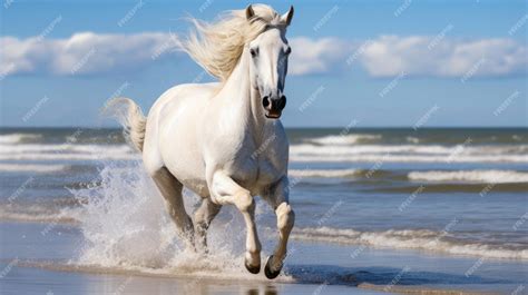 Premium AI Image | White Horse Running On The Beach