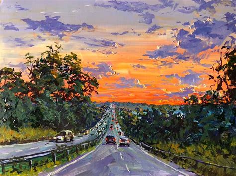 Driving into the sun | Sunset canvas painting, Road trip art, Road painting