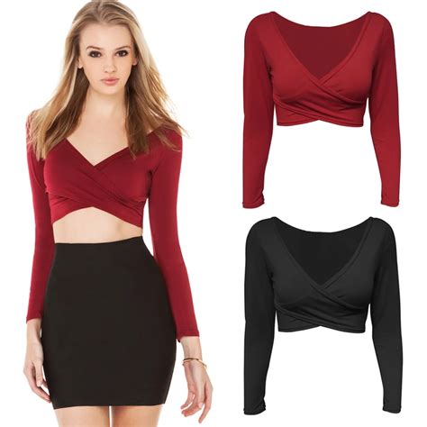 New Fashion Cropped Crop Top Plunge V Neck Shirt Women Cross Front Long ...