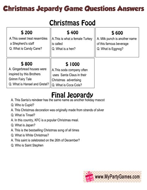 Free Printable Christmas Jeopardy Game Board and Question Cards