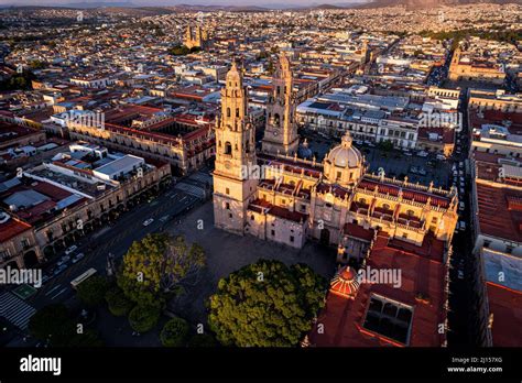 Aerial view of the Cathedral and historic downtown of Morelia ...