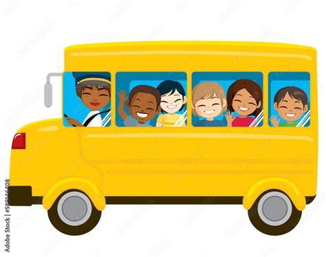 Vector illustration of bus riding to school. Pupil kids on yellow ...