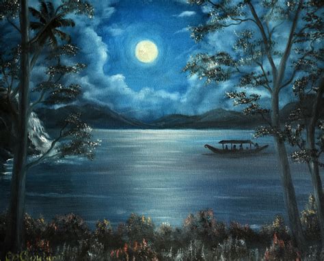 Buy Boating in full moon Handmade Painting by GOUTAMI MISHRA. Code:ART ...