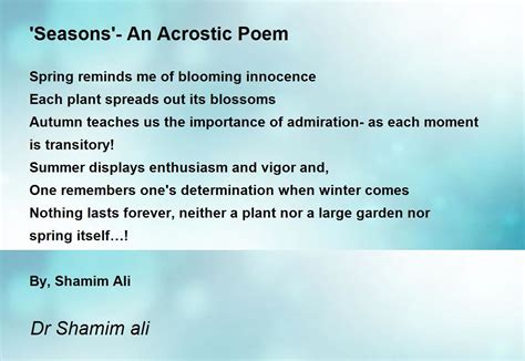 'Seasons'- An Acrostic Poem Poem by Dr Shamim ali - Poem Hunter