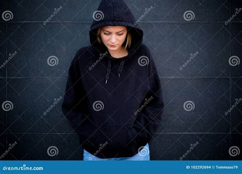 Alone and Sad Girl Portrait on Black Wall Stock Photo - Image of high ...