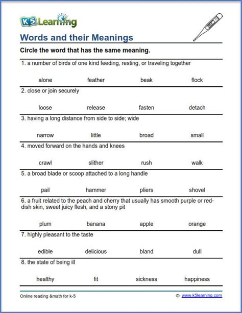 5th grade vocabulary worksheets - words and their meanings worksheets ...