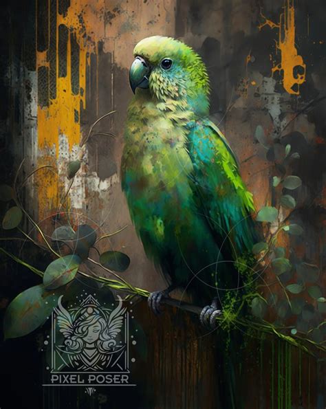 a painting of a green parrot perched on a tree branch with yellow and black background