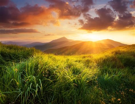 Download Sunrise Mountain Sunbeam Grass Nature Landscape 4k Ultra HD Wallpaper