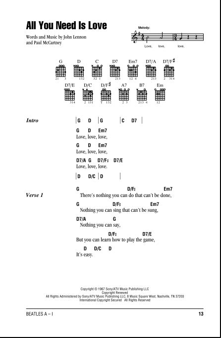 All You Need Is Love - Guitar Chords/Lyrics | zZounds