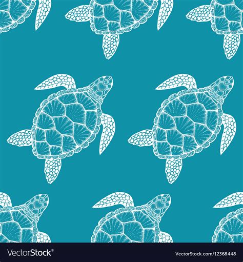 Seamless pattern with sea turtle in line art style