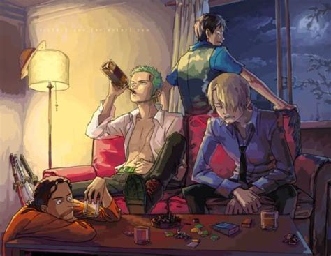 Zoro, Luffy, Sanji and Usopp- The guys... just hanging out. Just ...