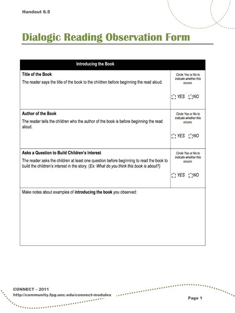 Fillable Online Dialogic Reading Observation Form. This handout is for learners to use to check ...