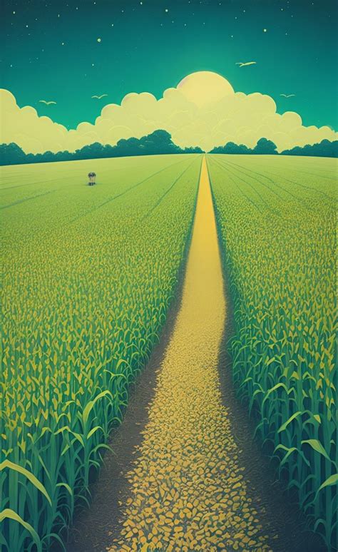a painting of a corn field with a yellow line going through it and the sky in the background