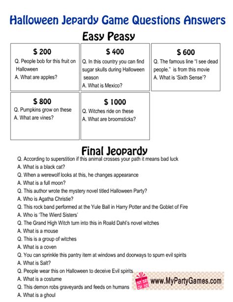 Free Printable Halloween Jeopardy Game Board and Question Cards