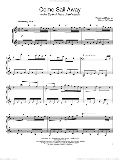 Styx - Come Sail Away, (intermediate) sheet music for piano solo