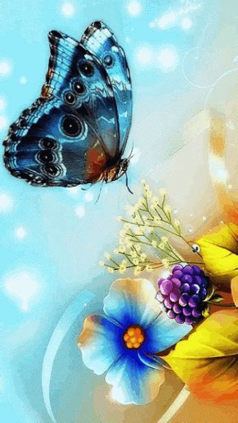 a blue butterfly is flying over some yellow and purple flowers on a blue sky background