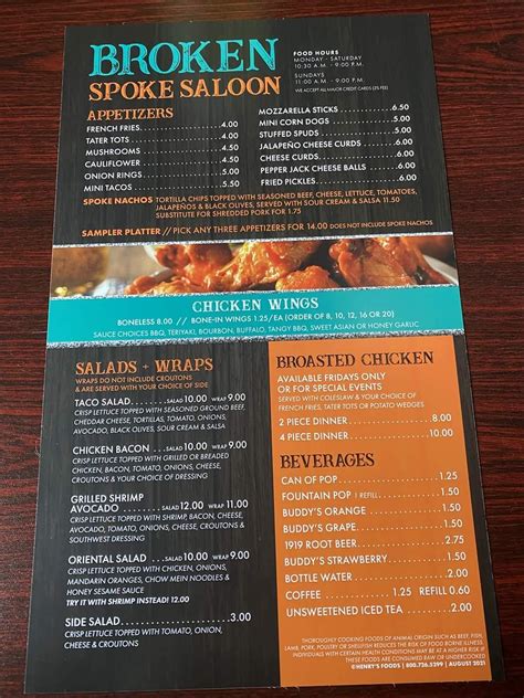 Menu at Broken Spoke Saloon pub & bar, Morgan