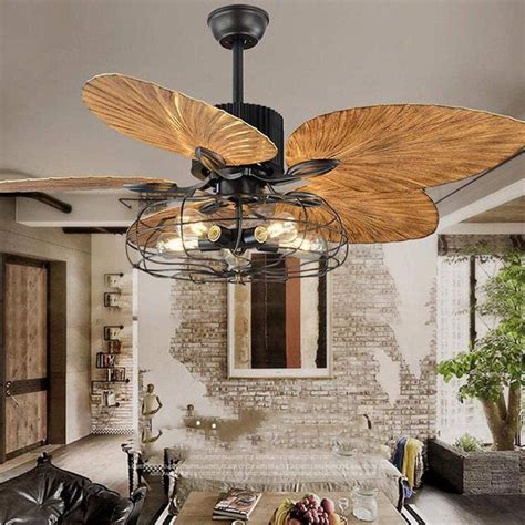 Industrial Cage Ceiling Fan with Light Tropical 5 Lights Remote Control ...