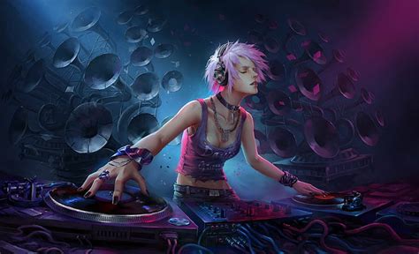 HD wallpaper: DJ, Girl, Headphones, Pink Hair, Short Hair, Speakers ...