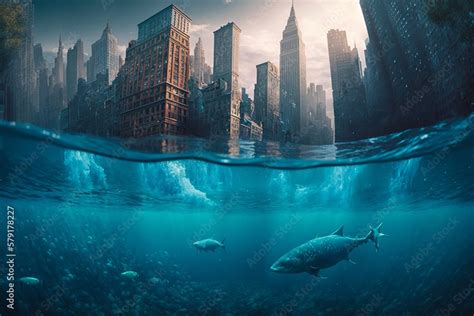 New York flooded due to global warming and climate change. Generative ...