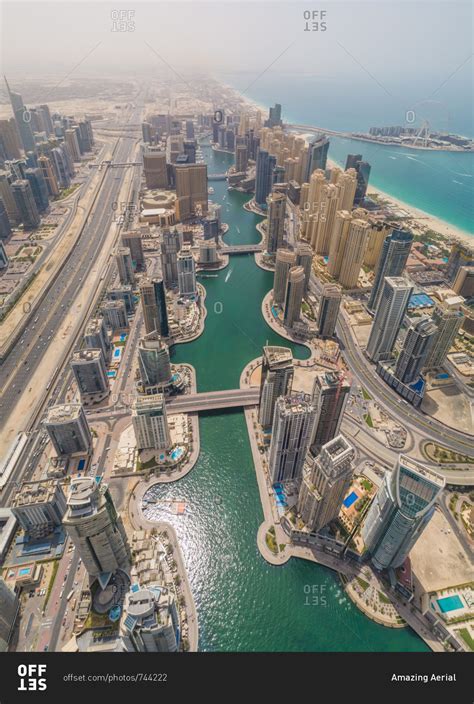 April 7, 2018: Aerial view of Dubai Marina and the cityscape with ...