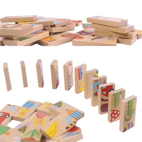 28 PCS Wooden Animal Domino Blocks Toy Safe Wood Domino Educational Toys Gift for Children Baby ...