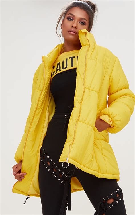 Yellow Ring Pull Longline Puffer Jacket | PrettyLittleThing