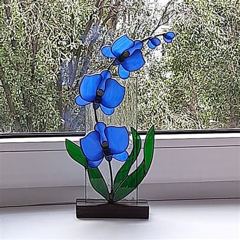 Blue orchid stained glass 3d stained glass suncatcher flower | Etsy