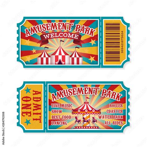 Amusement park ticket. Family park attractions admission tickets, fun festival vintage event ...