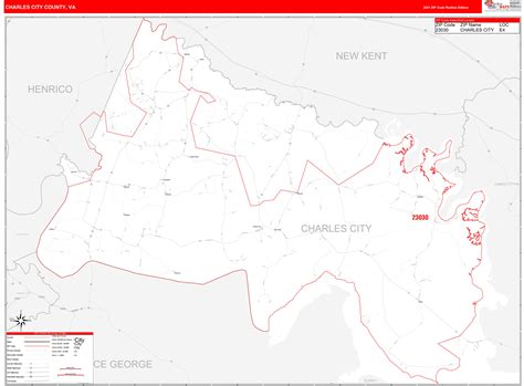 Charles City County, VA Zip Code Wall Map Red Line Style by MarketMAPS - MapSales