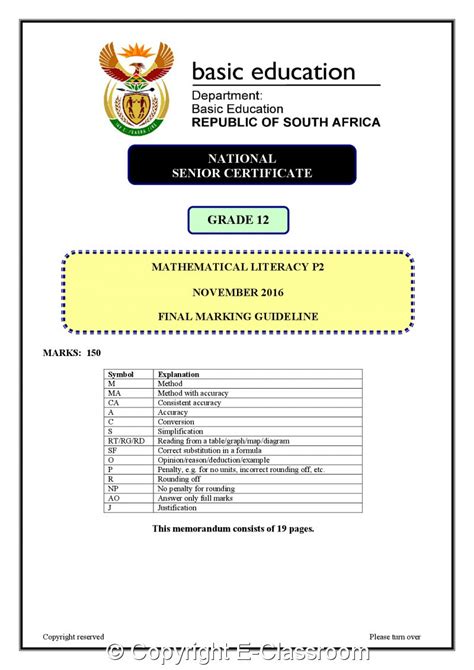 Grade 12: Mathematical Literacy - Other - Revision Past papers & memos - E-Classroom