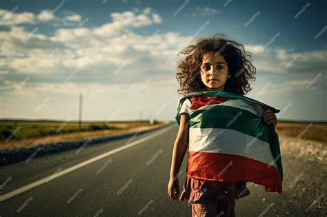 Premium AI Image | Palestinian kid girl holding Free Palestine flag in a blocked road portrait ...