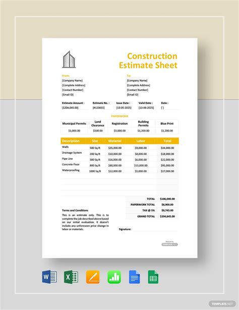 Construction Estimate Template Google Sheets