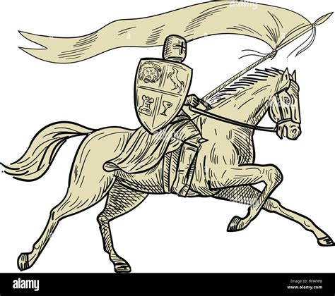 Drawing sketch style illustration of knight horseback in full armor holding lance, shield and ...