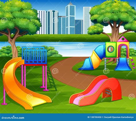 Cartoon Urban Park Kids Playground in the Nature Background Stock Vector - Illustration of grass ...